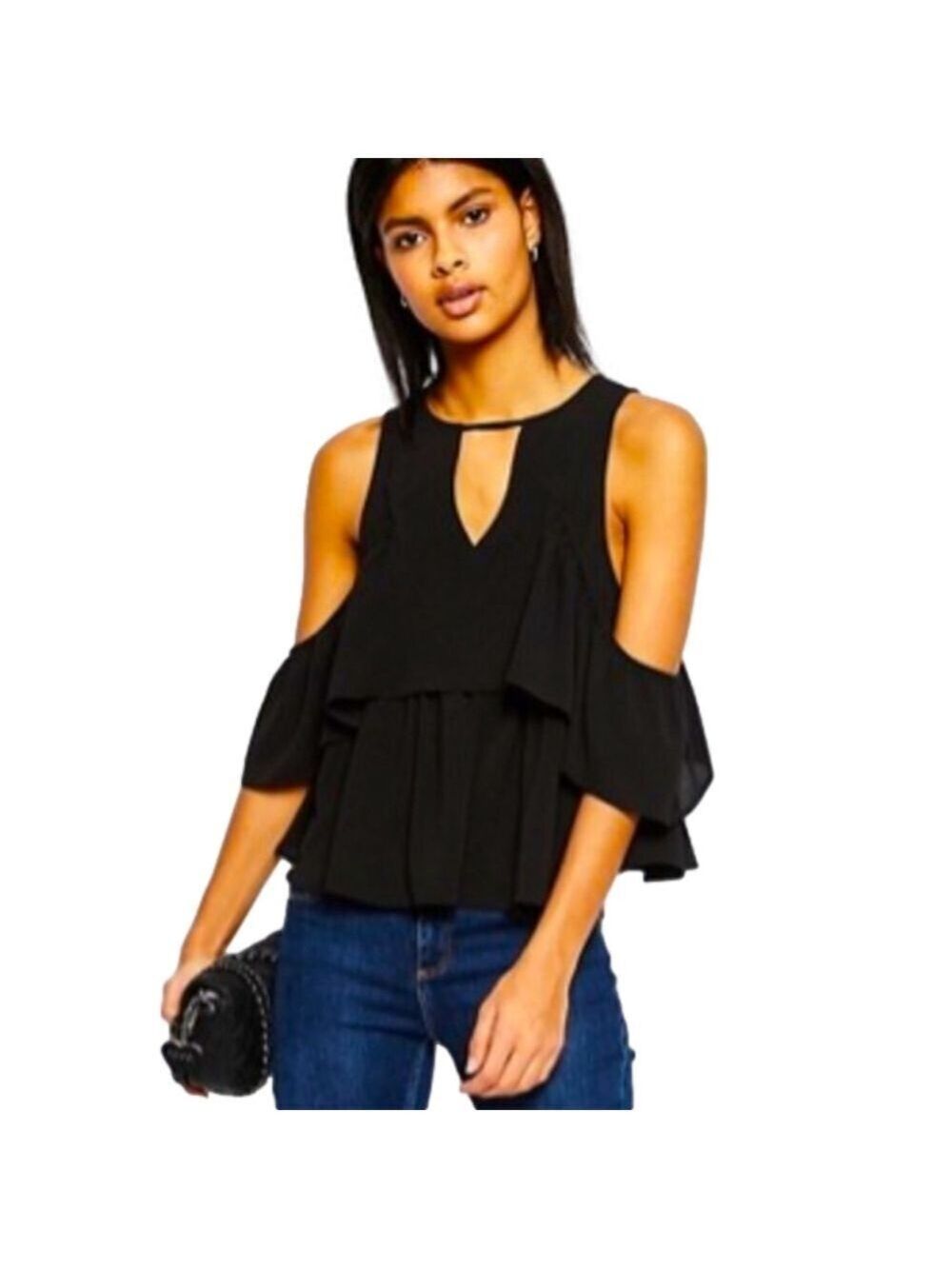 ASOS Black Flowy Cold Shoulder Ruffle Top